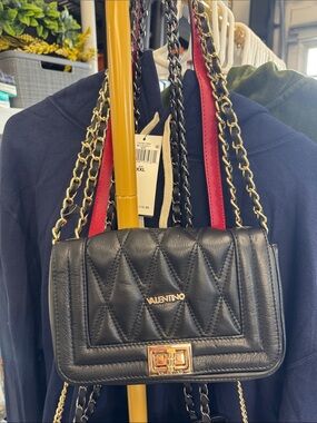 Valentino Black Quilted Leather Crossbody with Red Strap Accents